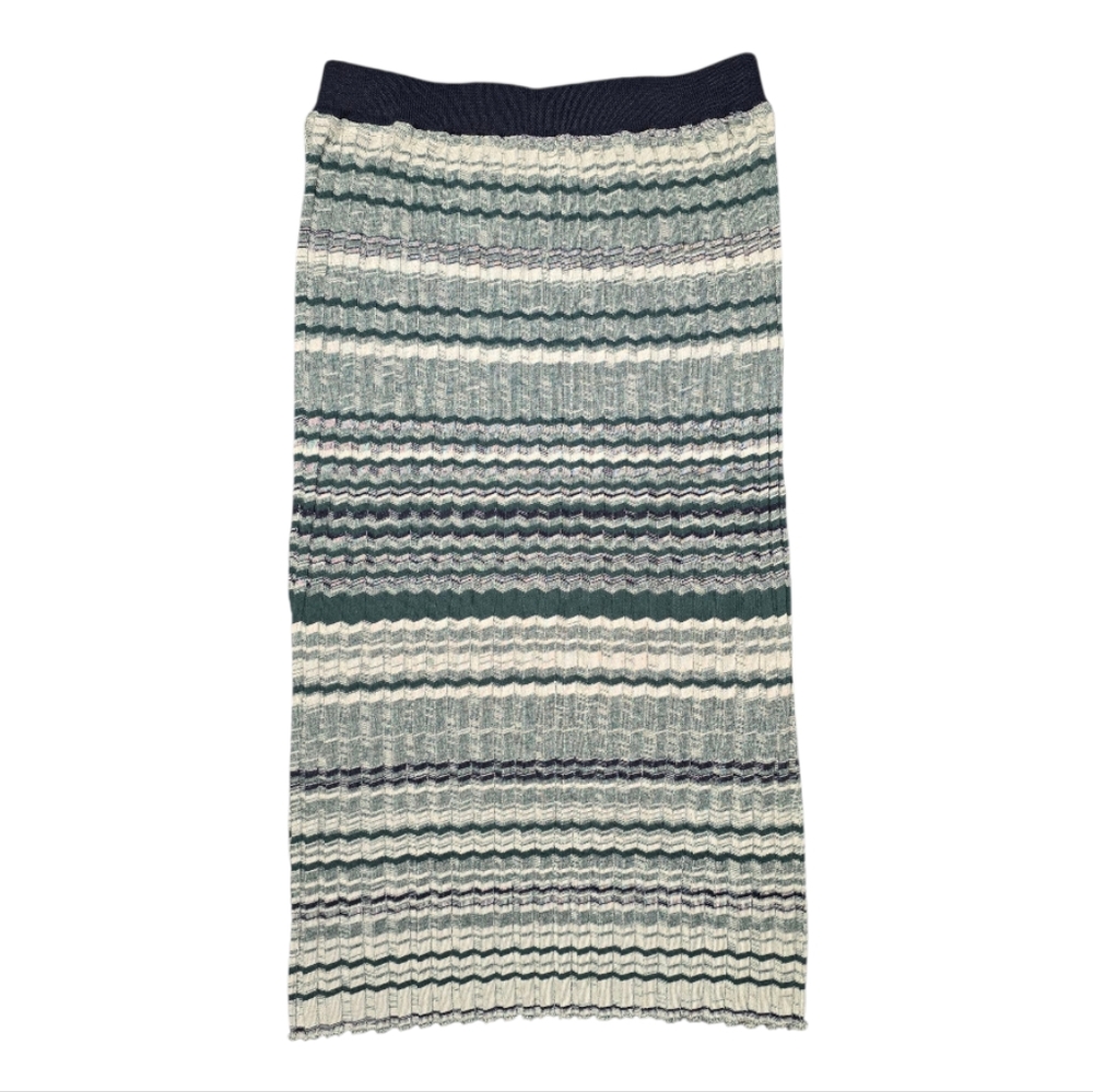 Ramy Brook Knit Stretch Midi Pencil Skirt Green Blue White Combo Stripe Medium